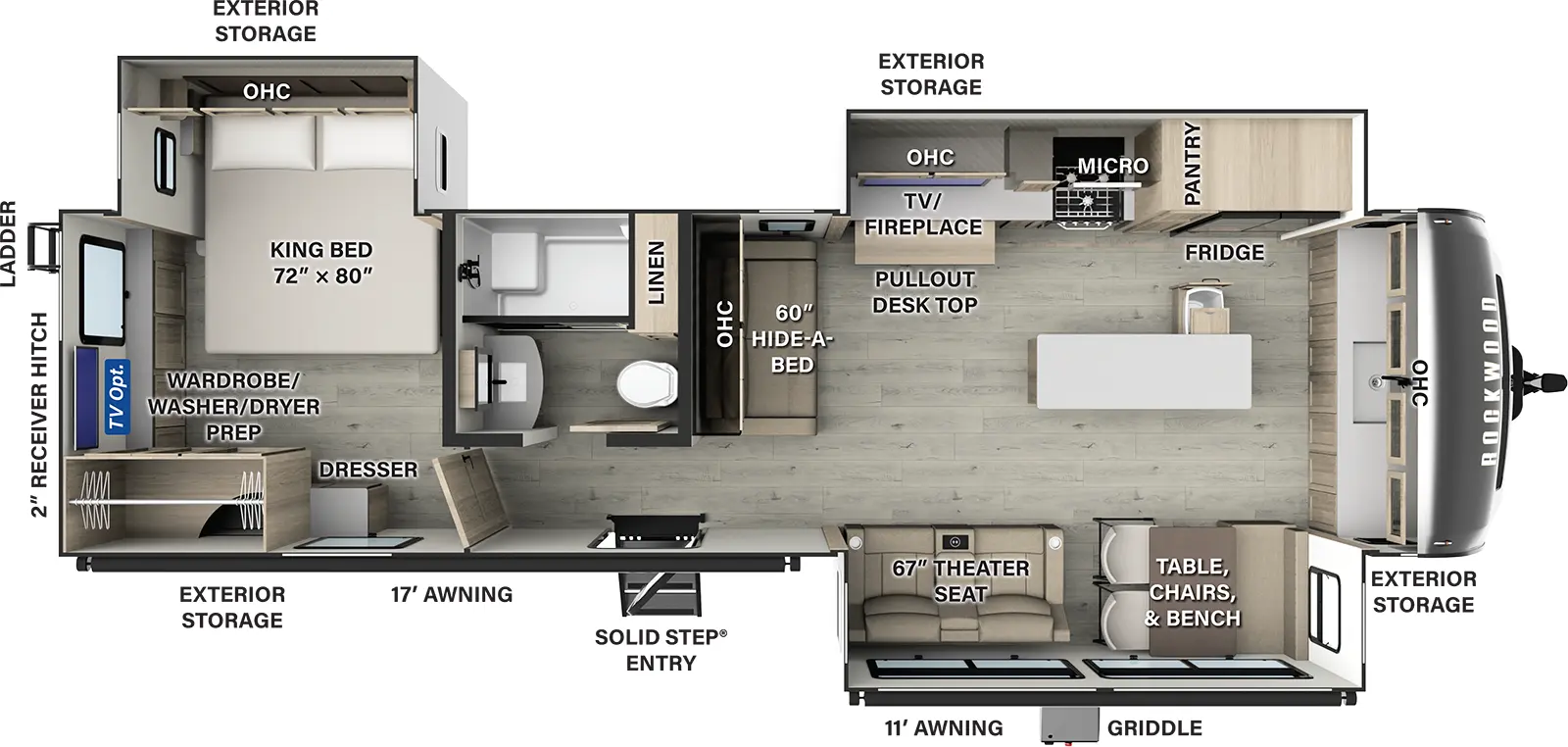 The Rockwood Signature Travel Trailers 8339FK floorplan has one entry and three slide outs. Exterior features include: fiberglass exterior and 17' & 11' awning. Interiors features include: front kitchen, kitchen island and rear bedroom.